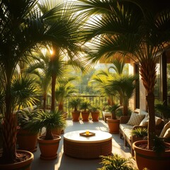 Fototapeta premium Potted palms decorate patio, bringing summer vibes
