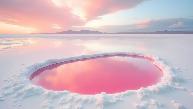 Pink brine pool on white salt flats, mirror surface, salt crystal edges, surreal desert landscape.