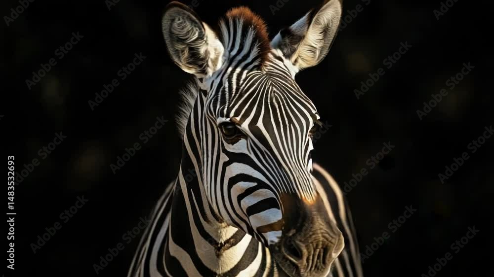 Poster a close-up shot of a zebra's face against a dark background