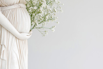 Greek-style sculpture representing a pregnant woman in serene and graceful posture, positioned against a plain and minimalist background, themes of motherhood, reverence, and timeless beauty.