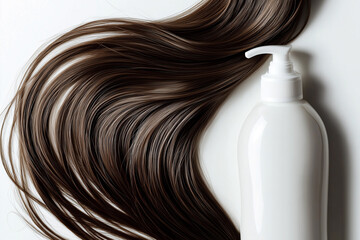 Long luscious brown hair with a conditioner bottle against white background