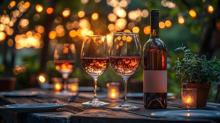 Romantic outdoor wine tasting on a candlelit table