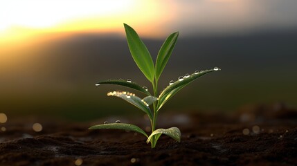 A radiant symbol of the earth's rebirth, this young sprout, gleaming in the sunset light and dew, captures the beauty of life, growth, and the silent resilience of nature. Environmentalism.