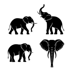 Silhouettes of four elephants in various poses, including side views and a frontal view, rendered in black on a white background, highlighting their distinct shapes and trunks.