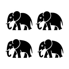 Silhouettes of four elephants in various poses, including side views and a frontal view, rendered in black on a white background, highlighting their distinct shapes and trunks.