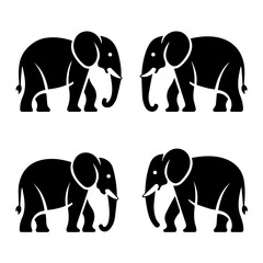 Silhouettes of four elephants in various poses, including side views and a frontal view, rendered in black on a white background, highlighting their distinct shapes and trunks.