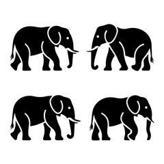 Silhouettes of four elephants in various poses, including side views and a frontal view, rendered in black on a white background, highlighting their distinct shapes and trunks.