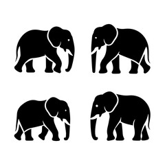 Silhouettes of four elephants in various poses, including side views and a frontal view, rendered in black on a white background, highlighting their distinct shapes and trunks.