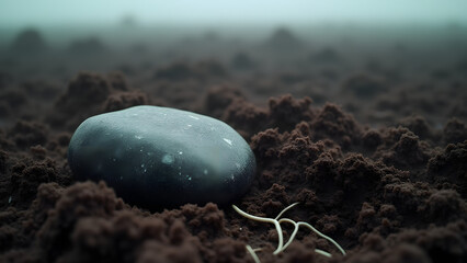 Gray stone resting on dark peat soil showing striking color contrast and detailed organic textures in soft natural light.