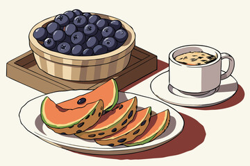 126 ceramic dish piled high with fresh blueberries, wooden plate with sliced melon, white porcelain plate with stacks of oatmeal cookies, white porcelain cup and saucer, high contrast photorealistic w