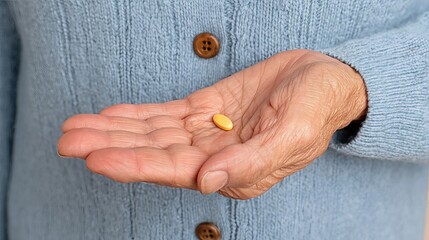 An elderly hand gently holds a pill, symbolizing care, routine, and health in later life.
