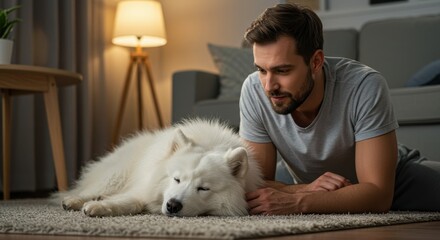 A man relaxes at home with his Samoyed dog on a cozy carpet in the evening