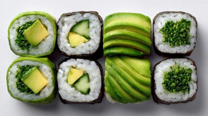Exquisite vegetarian sushi roll topped with avocado and fresh cucumber on a clean white plate from above