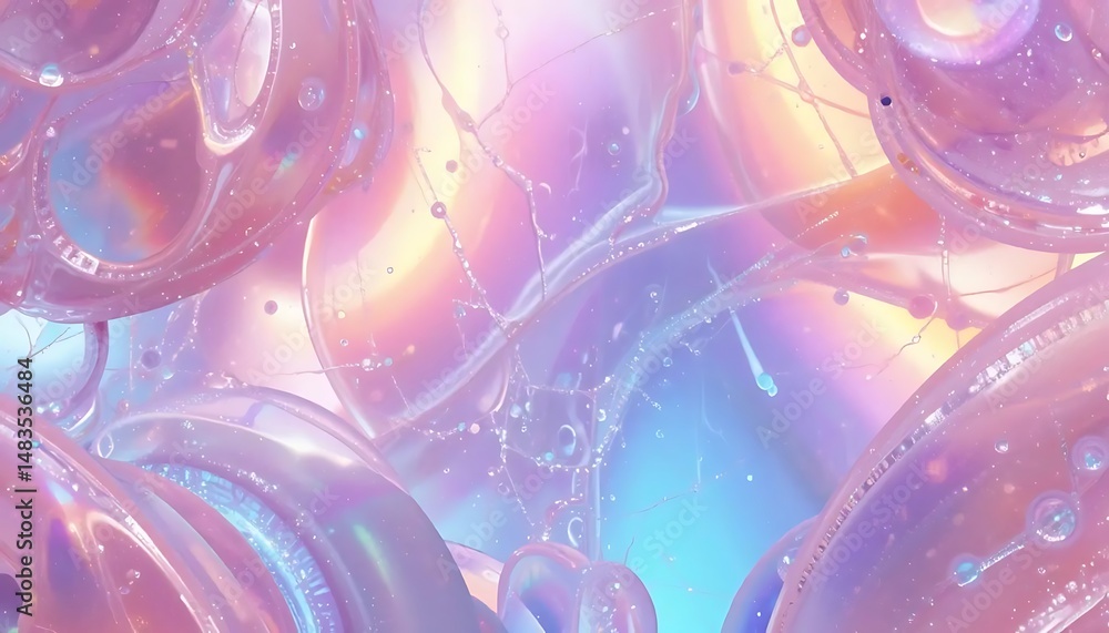 Poster abstract iridescent spheres and bubbles floating with refracted light creating a dreamy and ethereal