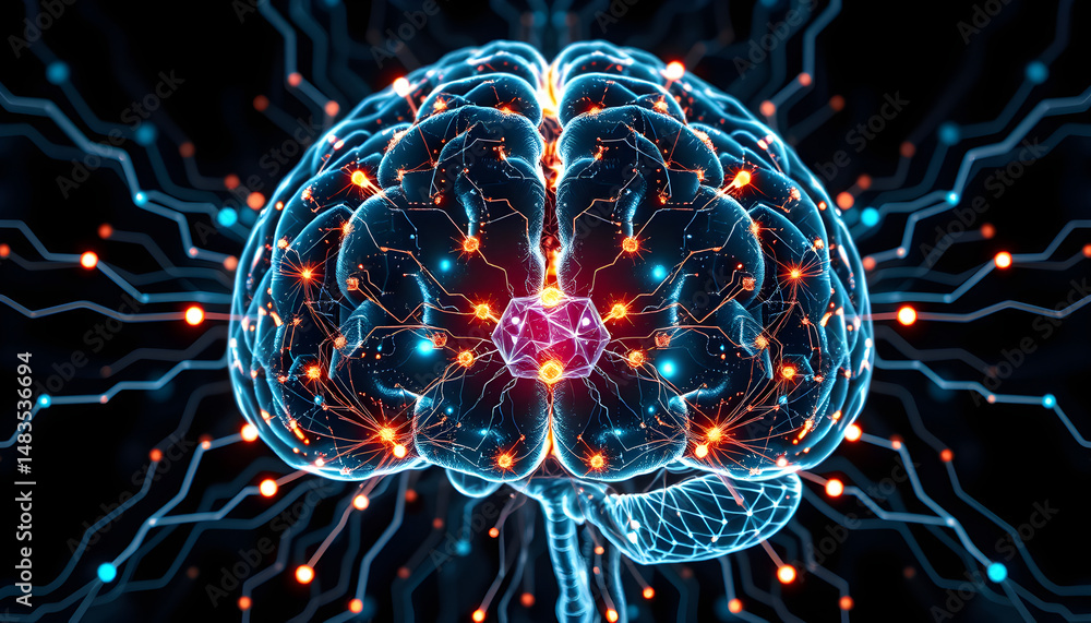 Poster glowing brain with neural network and central crystalline structure