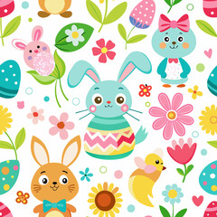 Cute Easter pattern with bunnies, eggs, flowers, and chicks