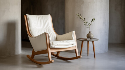 A Modern Rocking Chair in White Leather and Natural Wood Framing a Concrete Interior with Subtle Textu