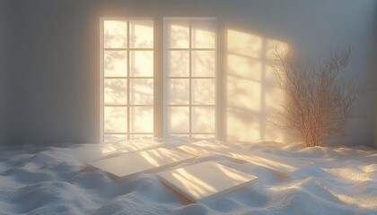 Soft light shines through windows onto snowy platforms, casting shadows. It is ideal for product mockups, winter themes, or showcasing design elements.