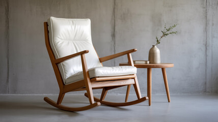 A Modern Rocking Chair in White Leather and Natural Wood Framing a Concrete Interior with Subtle Textu