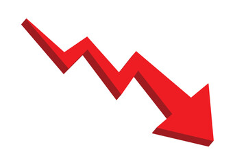 Red 3d arrow going down stock icon on white background. Bankruptcy, financial market crash icon for your web site design, logo, app, UI. graph chart downtrend symbol.chart going down sign.