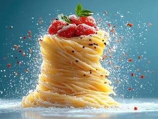 Spaghetti with tomato sauce and basil leaf garnish, a blue background with powder. Use this for a food blog, cookbook, or restaurant menu designs.