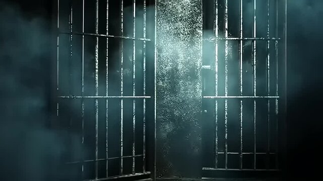 Dark and eerie prison gates opening with fog and shadows, creating a suspenseful atmosphere