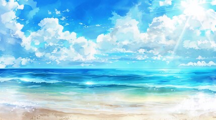 Obraz premium Coastal scene with a vibrant sky and ocean. Fluffy clouds, gentle waves, and sandy beach