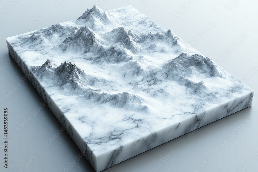 Poster a detailed, marble-textured terrain model with sharp mountain peaks on a block. use it to visualize 