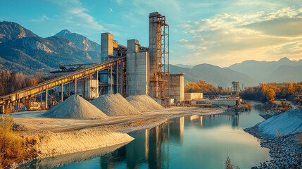 Fototapeta premium Concrete factory infrastructure with overhead conveyor belts and sand piles stands beside a river and decaying seawall