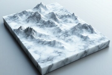 A detailed, marble-textured terrain model with sharp mountain peaks on a block. Use it to visualize geographic data or as a sleek abstract design element.