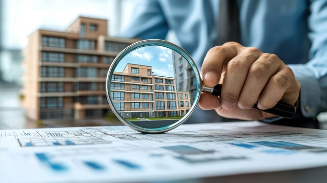A person meticulously examines an apartment building model and blueprints, signifying property assessment and detailed planning