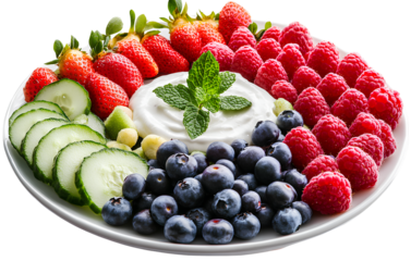 Dip with cucumber, floral, and mint leaves on a platter of fresh fruits like strawberries, blueberries, and raspberries, isolated on a transparent background
