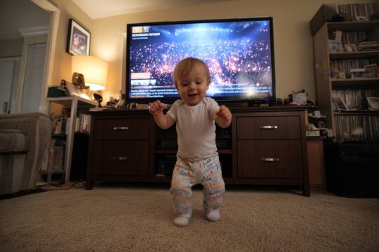 A delighted baby takes uncertain steps, showcasing first steps and joy in a comfortable living room.