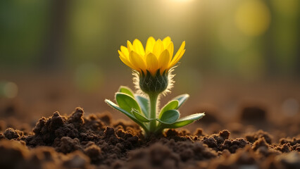 Lone yellow flower thriving in alluvial soil showing nature's resilience with vivid color contrast.