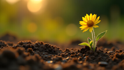 Lone yellow flower thriving in alluvial soil showing nature's resilience with vivid color contrast.