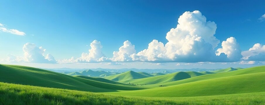 Dramatic cumulus clouds over vast blue sky, rolling hills , mountain, scenic