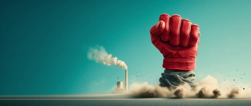 A giant red boxing glove punches through the earth beside a smoking factory under clear skies. Static surreal shot symbolizing resistance or uprising.