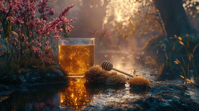 Golden elixir in a tranquil forest setting