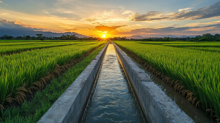 Obraz premium From a low angle, water flows from concrete basins into green rice fields via piping, typical in Thai agriculture