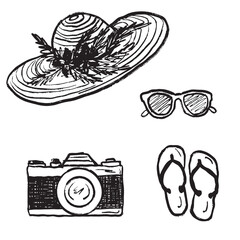 Women summer beach hat with flowers, vintage camera, sunglasses and flip flops in black brush stroke texture isolated on white. Hand drawn vector sketch illustration in vintage charcoal ink.