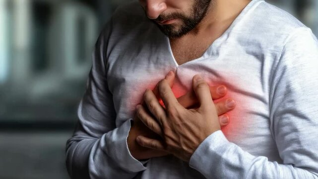 Chest pressure: figure holds heart region, depicting circulatory disorder, myocardial disturbance, heart failure, vascular problem, blood circulation issue, infarction risk, cardiac emergency.