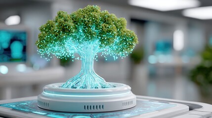 A glowing holographic tree emerging from a futuristic platform, with semi-transparent branches made of light blue and green circuits