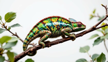 Colorful chameleon climbing branch in natural habitat exotic environment wildlife photography close-up view