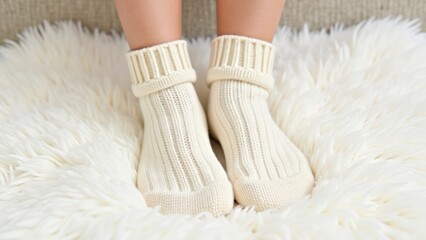 Cozy Feet in Cream Ribbed Wool Socks on Fluffy White Rug: Comfort, Warmth, Relaxation, Winter Fashion