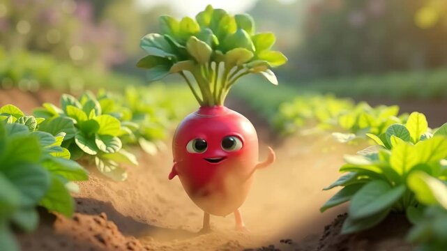 Cheerful Radish Cartoon Dancing in Garden, radishes dance on the path between the beds