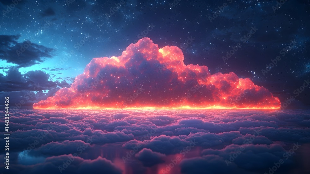 Poster glowing cloud with concentric rings representing data storage and cloud computing