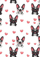 Fototapeta premium Adorable French Bulldog Love Pattern: Pink Hearts & Cartoon Dogs