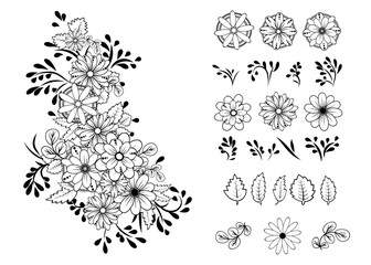 Floral Design Set. Hand-Drawn Black and White Flower Bouquet, Floral Elements, Leaves, and Decorative Patterns for Tattoos, Coloring Pages, Vector Illustrations, and Artistic Projects.