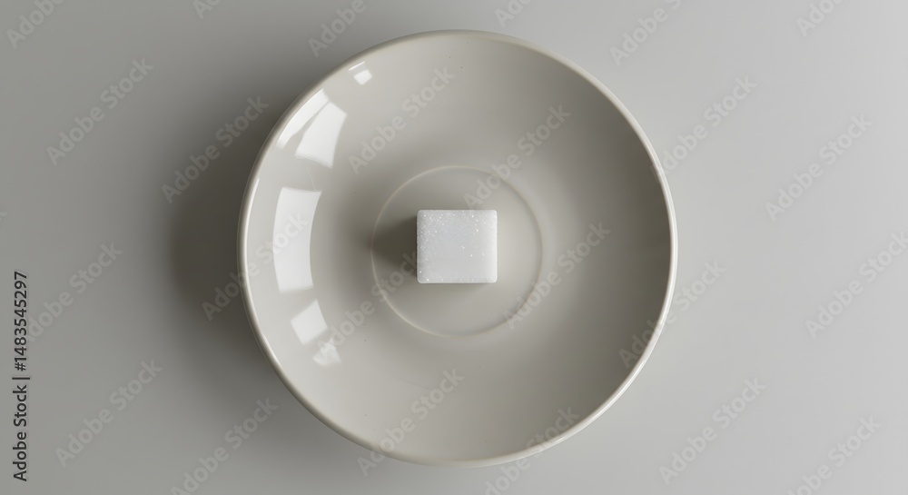 Poster a top view of a white cube centered in a white bowl against a white background plain