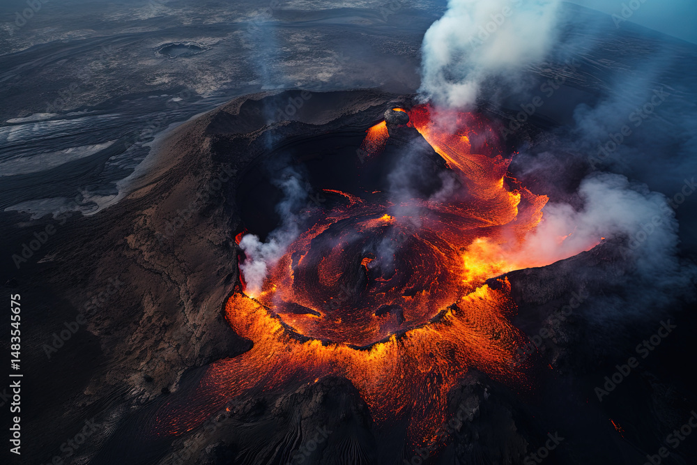 Wall mural volcano eruption from a bird view. volcano crater and magma flow shot from above. genertated ai.